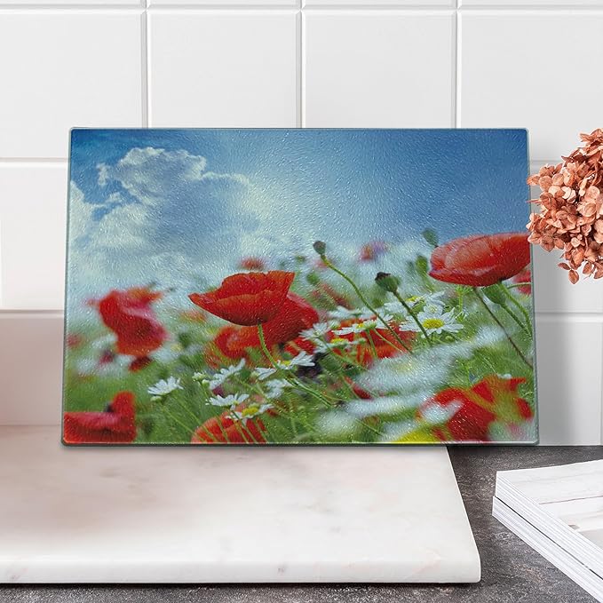 Ambesonne Country Cutting Board, Idyllic Spring Meadow with Poppy and Daisy Flowers Sunny Sky Clouds Garden Design, Decorative Tempered Glass Cutting and Serving Board, Small Size, Blue Red