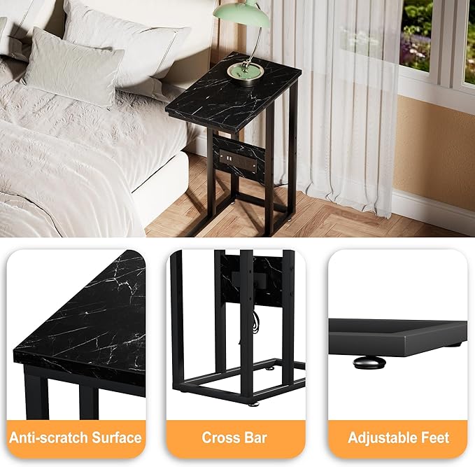 VECELO C Shaped End Table with Charging Station & Power Outlets, Quick Access Side Table for Sofa, C Bedside for Living Room Bedroom 1 Set,Black Marble