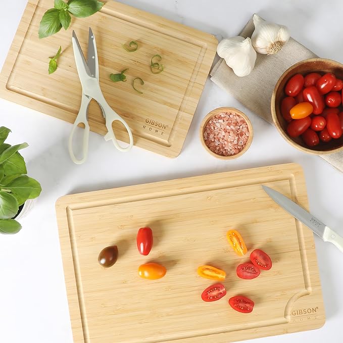 Gibson Home Forestview 2-Piece Bamboo Cutting Board Set – 15" & 12" Wooden Durable Kitchen Chopping Carving Boards with Juice Grooves, Oil Finished