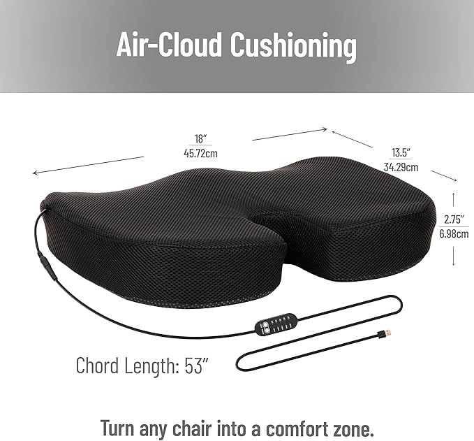 Mind Reader Heated Memory Foam Seat Cushion with Air-Cloud Support, Slim Ergonomic Cushion with 4 Heat Settings Timer and Auto Shut-Off, Black