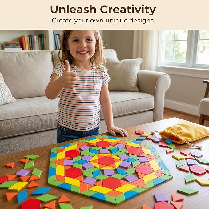 LovesTown 209 PCS Shapes Wooden Pattern Blocks for Kids, Geometric with Activity Cards and Storage Bag, Educational Tangram Puzzles,Great Learning Gift from Parents or Teachers (Pack of 2)