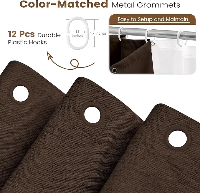BTTN Brown 3 in 1 Shower Curtains with Clear Liner, Linen Textured Decorative Cloth Shower Curtain PEVA Liner Set with Plastic Hook, Modern Hotel Luxury Waterproof Shower Curtain for Bathroom, 72x72