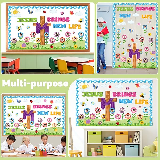 Christian Spring Bulletin Board Set Jesus Brings New Life Religious Cross Classroom Decor Lent Butterfly Flower Paper Cutouts DIY Photo Bulletin Board Border for Easter Church VBS Sunday School Decor