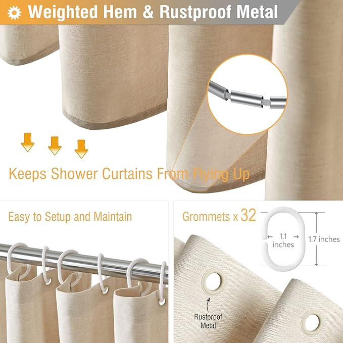 BTTN Clawfoot Tub Shower Curtain - 180 x 72 Extra Wide Linen Textured Weighted Fabric Shower Curtain Set with 32 Hooks, Large Hotel Simple Neutral Polyester Shower Curtains for Bathroom - Cream/Beige