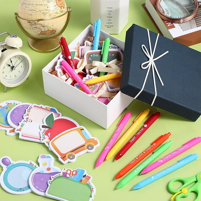 24 Sets Teacher Sticky Notes and Pens Set Teacher Appreciation Gifts Bulk Pencil Book Blackboard Apple Bouquet Shaped Self Sticky Notepads Ballpoint Pens for Teacher Gift School Supplies