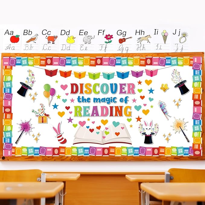 gisgfim Reading is Magic Bulletin Board Decorations Set Classroom Colorful Book Bulletin Board Motivational Reading Cutouts Bulletin Board Borders Decor for School Library Chalkboard Wall(Magic)