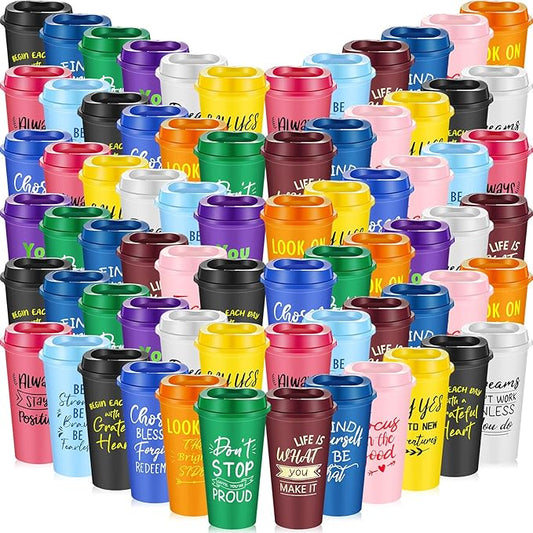 72 Pcs Inspirational Gifts for Employee Coworkers Staff Teammate, 16oz Reusable Plastic Coffee Cups with Positive Sayings, Bundle Gifts for Woman Man Coworker (Bright Color,Inspirational)