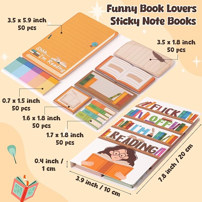B1ykin Cute Sticky Notes Set - Shhh I’m Reading Self-Stick Notes Pad, 550 Sheets Writing Memo Pages Sticky Notepad for Teacher Appreciation Gifts, School Office Supplies (Funny Book Lovers)