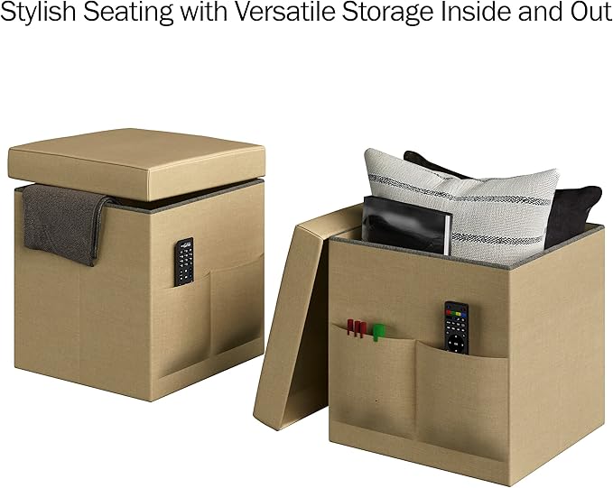 Set of 2 Ottomans with Storage Pockets - 15-Inch Folding Foot Rests or Storage Organizers for Bedroom, Living Room, or Dorm by Lavish Home (Beige)