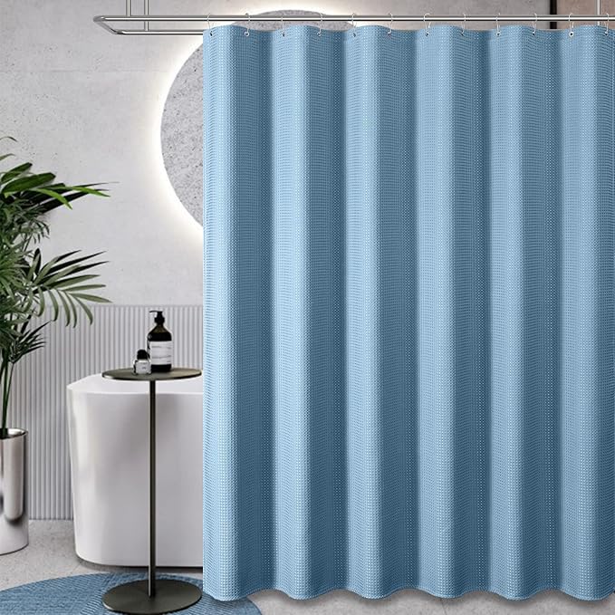 Dynamene Extra Long Shower Curtain - 84 Inch Long Blue Waffle Weave Heavy Duty Fabric Bathroom Shower Curtain, Weighted Hotel Thick Bath Curtain Set with 12 Plastic Hooks,72x84, Moonlight Blue