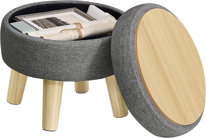 SONGMICS Storage Ottoman, Foot Stool, Round Ottoman with Padded Seat, Foot Rest with Wood Legs, Small Table, for Hallway, Living Room, 12.2 Inches, Linen-Look Fabric, Slate Gray ULOM514GN01