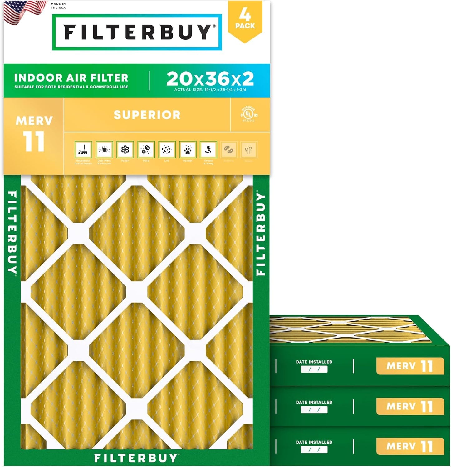 Filterbuy 20x36x2 Air Filter MERV 11 (MPR 1200) Allergen Defense Replacement (4-Pack), Electrostatic Pleated HVAC AC Furnace Filters, Made in USA (Actual Size: 19.50 x 35.50 x 1.75)