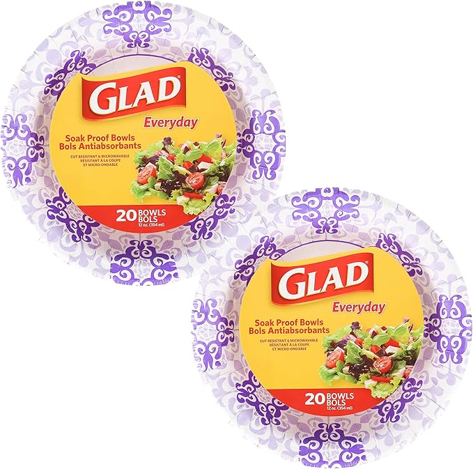 Glad Round Disposable Paper Bowls, Purple Victorian Design - Heavy Duty, Soak Proof, Cut-Resistant, Microwavable Bowl for All Foods & Daily Use, 12 Oz, 20 Count - 2 Pack