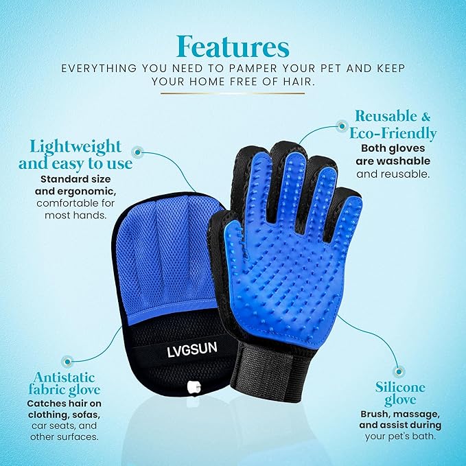 3-in-1-Pet Hair Remover Gloves for Cats & Dogs, Grooming & Deshedding Mitt Set – 2 Gloves + Extra Pad, Reusable Fur Removal Tool for Shedding, Sofa, Clothes, Carpet & Car Interior