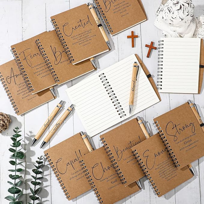 Kosiz 12 Sets Christian Gifts Bulk Inspirational Bible Verse Spiral Notebook and Religious Bamboo Ballpoint Pen Journal with Scripture for Easter Church Member First Communion Teacher Holy Week (Brown)
