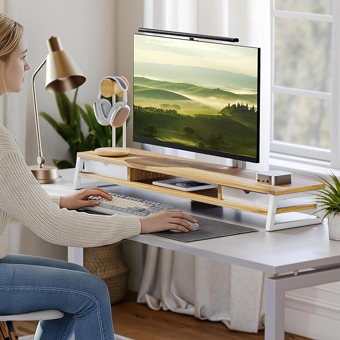 Fenge Dual Monitor Stand, Monitor Riser with Drawer, 42.5 Inch Large Computer Monitor Stand for 2 Monitors, 2 Tier Wooden Desk Shelf for Top of Desk