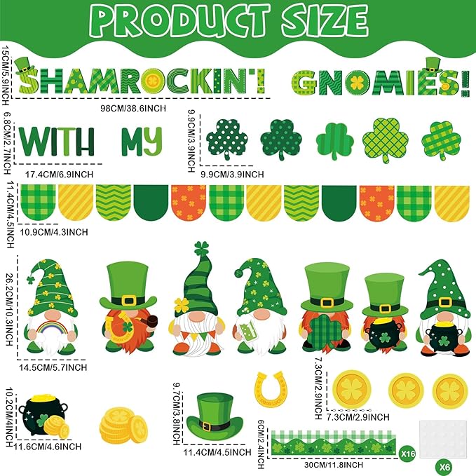 St. Patrick's Day Gnome Bulletin Board Set Shamrockin' with My Gnomies Classroom Decor Lucky Gnome Shamrocks Gold Coin Paper Cutouts Shamrock Bulletin Board Border for Green Irish Holiday School Decor