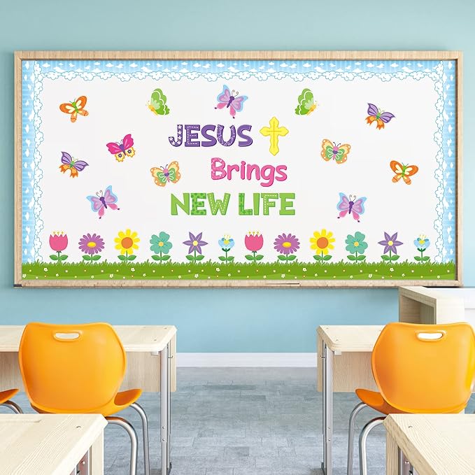 Yopyame 94PCS Jesus Brings New Life Christian Bulletin Board Set Spring Butterfly Flowers Cross Cutouts Bulletin Board Borders Trim Easter Religious Faith Classroom Sunday School Chalkboard Wall Decor