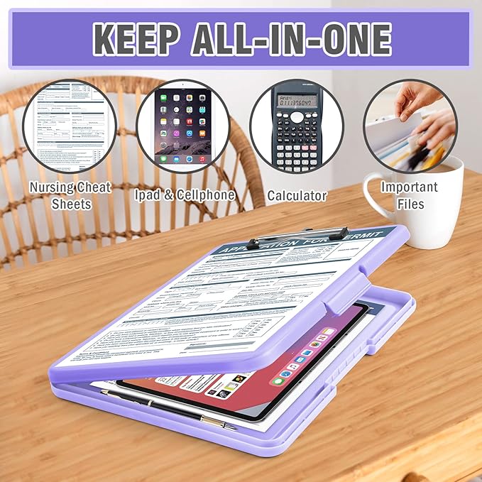 ANZNKU Clipboards with Storage, 13x9.6 Storage Clipboard Foldable for Teachers & Nurse Essentials, Clipboards with Pen Holder, Work Desk Paper Organizer, School & Office Supplies for Women(Purple)
