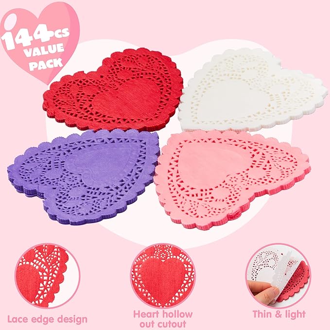 JOYIN 144 Pcs 4" Valentines Day Heart Doilies Party Decorations with 4 Colors Heart Doilies Cutouts Lace Paper Craft Gift Set for Valentine Day Party Tableware Decoration