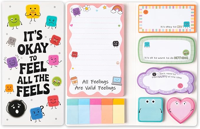 B1ykin Cute Sticky Notes Set - It’s Okay To Feel All The Feels Self-Stick Notes Pad, 550 Sheets Writing Memo Pages Sticky Notepad for Teacher Appreciation Gifts, School Office Supplies (Mental Health)