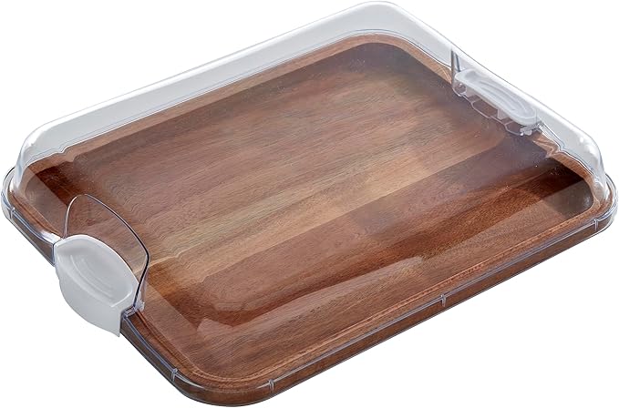 FARBERWARE Build-A-Board Acacia Cutting Board with Built-in Storage Compartments, Clear Locking Lid & White Handles, Great for Charcuterie & Snacks