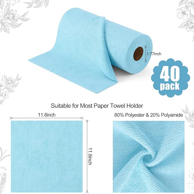 Homaxy Tear Away Dish Cloths Rolls, 40 Sheets-11.8" X 11.8", Reusable Washable Dish Towels for Kitchen, Ultra Absorbent and Quick Drying Microfiber Cleaning Rags, Aqua