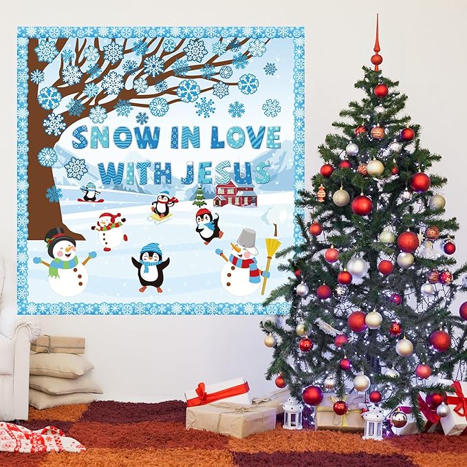Winter Bulletin Board Decoration Set with Background Paper & Borders Cutouts for Christian Sunday School Classroom Church Decor Christmas Snow in Love with Jesus Bulletin Board Craft Home Wall(Winter)