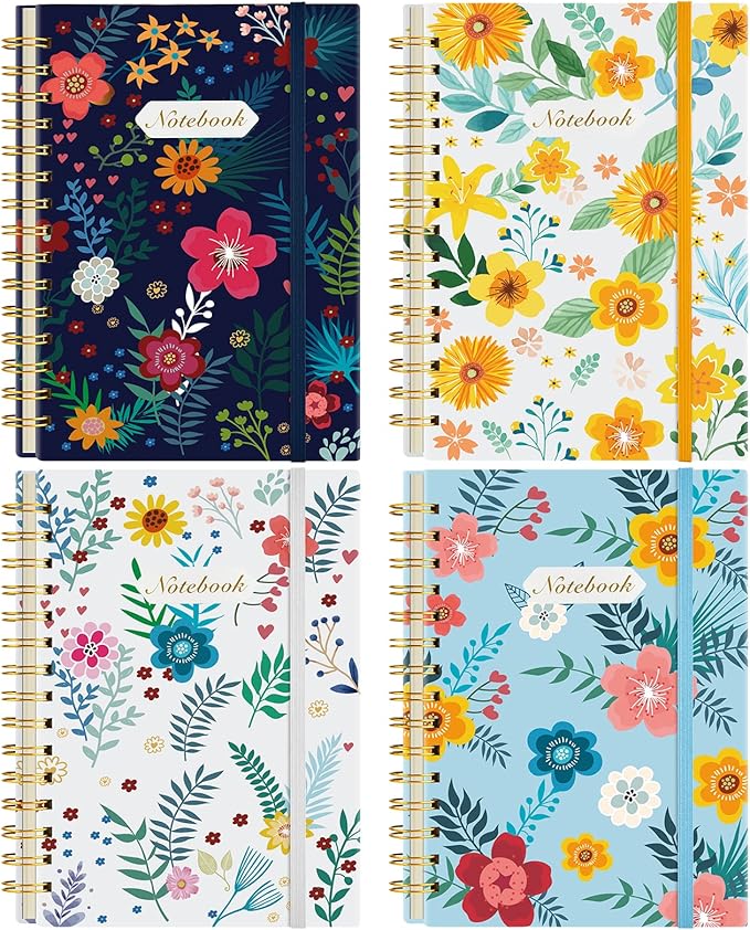 Coopay 4 Pack A5 Spiral Notebook Journal for Women, College Ruled Composition Notebooks Hardcover Spiral Journal, Cute Blooming Floral, Office School Business Supplies, 8.3" x 5.5", 160 Page