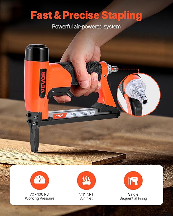 VEVOR Pneumatic Staple Gun, 20 Gauge Long-Nose Upholstery Stapler for 50 Series Fine Wire Staples 1/2-inch Crown 1/4"-5/8" Length, Max 110PCS Loading Air Staple Gun for Upholstering, Woodworking, DIY
