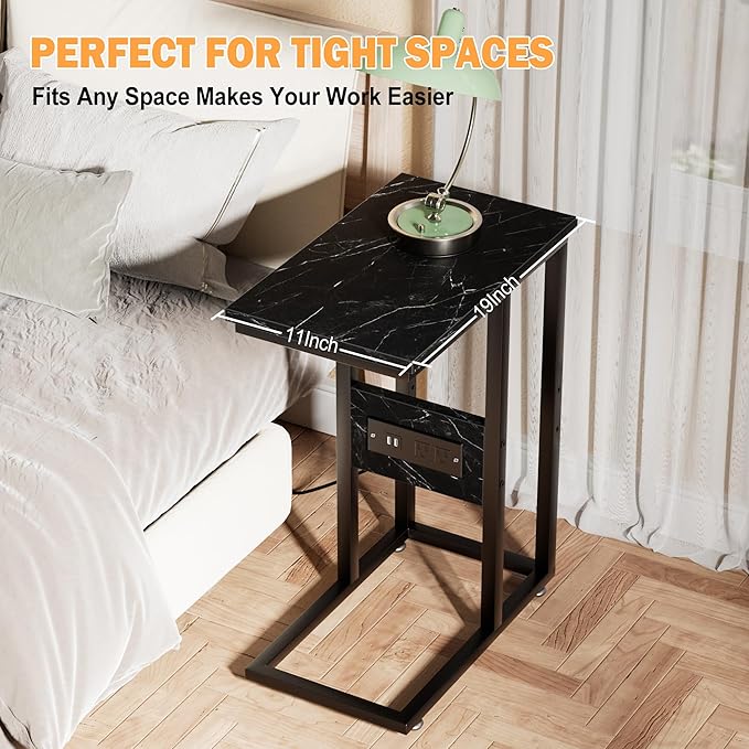 VECELO C Shaped End Table with Charging Station & Power Outlets, Quick Access Side Table for Sofa, C Bedside for Living Room Bedroom 2 Set,Black Marble