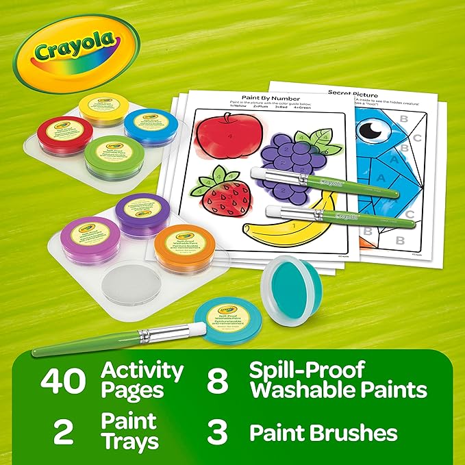 Crayola Spill Proof Paint Set (8ct), Stocking Stuffer & Holiday Gifts for Toddlers, Washable Toddler Paint Kit, With Brushes, Pots, Activity Pages, Ages 3+ (Pack of 2)