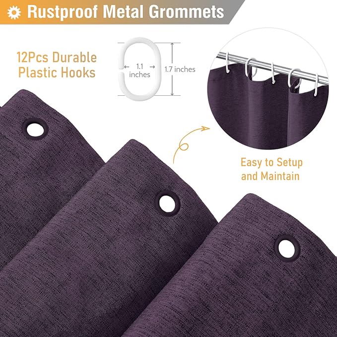 BTTN Purple Shower Curtain - Linen Textured Heavy Duty Waterproof Cloth Shower Curtain Set with 12 Plastic Hooks, Hotel Spa Luxury Simple Decorative Thick Fabric Shower Curtains for Bathroom - 72x72
