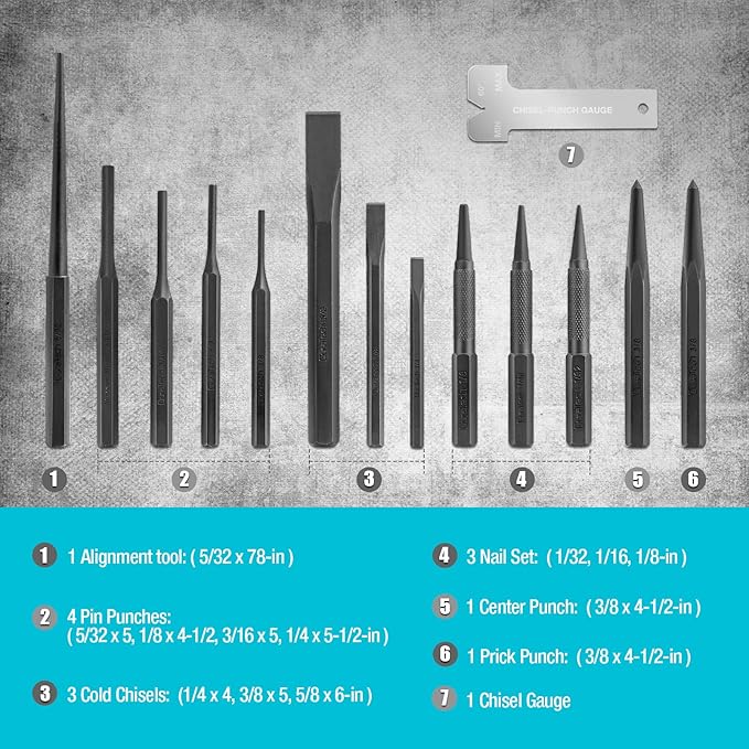 DURATECH 14 Piece Punch/Chisel/Alignment Tool Set, Including Pin, Center and Nail Punches, Alignment Tool, Cold Chisels, Chisel Gauge, with Rolling Pouch