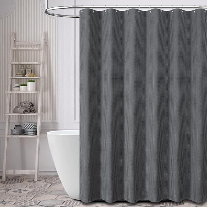 Dynamene Stall Fabric Shower Curtain - 36x72 Waffle Weave Weighted Cloth Shower Curtains for Bathroom, Neutral Heavy Duty Hotel Spa Luxury Bath Curtain Set with 6 Plastic Hooks,Charcoal Grey