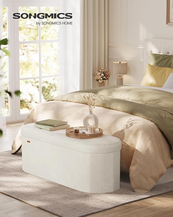 SONGMICS Mazie Collection - Folding Ottoman with Storage, Oval Storage Ottoman Bench, for Living Room, Bedroom, Velvet Fabric, 15 x 43 x 15 Inches, Cream White ULSF297LH01