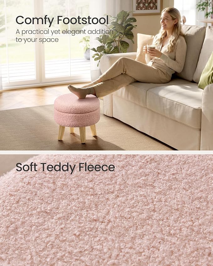 SONGMICS Storage Ottoman, Foot Stool, Round Ottoman with Padded Seat, Foot Rest with Wood Legs, Small Table, for Hallway, Living Room, 12.2 Inches, Teddy Fleece, Jelly Pink ULOM515SA01