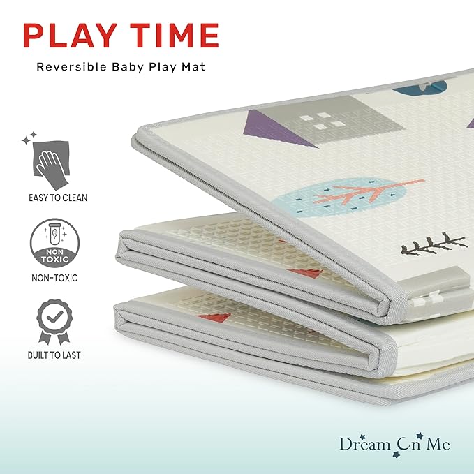 Dream On Me Play Time Reversible Baby Playmat, Foldable Extra Large Thick Foam Crawling Playmats for Toddlers, Waterproof Portable Playmat for Babies