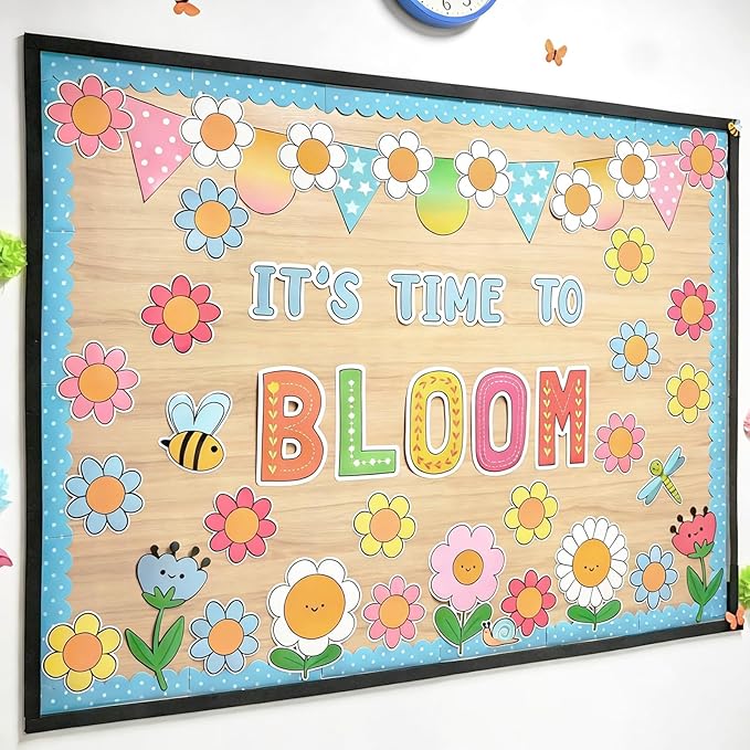 Spring Floral Bulletin Board Decorations for Classroom -It's Time To Bloom Bulletin Board Set Daisy Bee Dragonfly Cutouts DIY Flower Photo Crafts for Summer Spring School Home Wall Door Decor Supplies