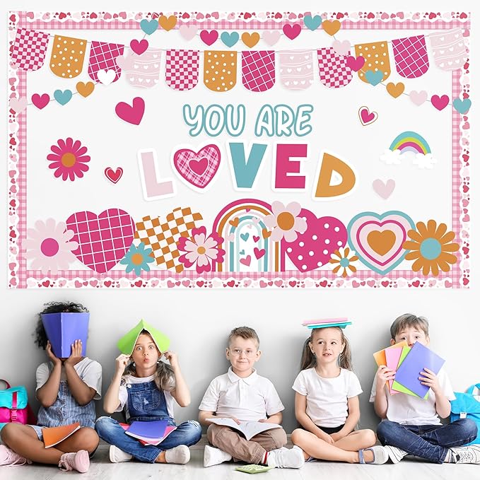Valentine's Day Bulletin Board Set Valentines Classroom Decoration You are Loved Bulletin Board Borders Valentine's Day Loved Cutouts for Holiday School Office Chalkboard Wall Door Decor Supplies