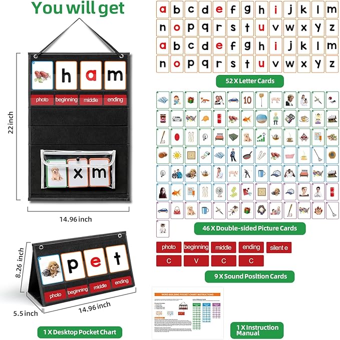CVC Word Builder Desktop Pocket Chart with 107 Phonics Flash Cards, Kids Word Builder Games for Learn to Read CVC CVCC CCVC Words, Phonics Learning Tool for Preschool Kindergarten Classroom.