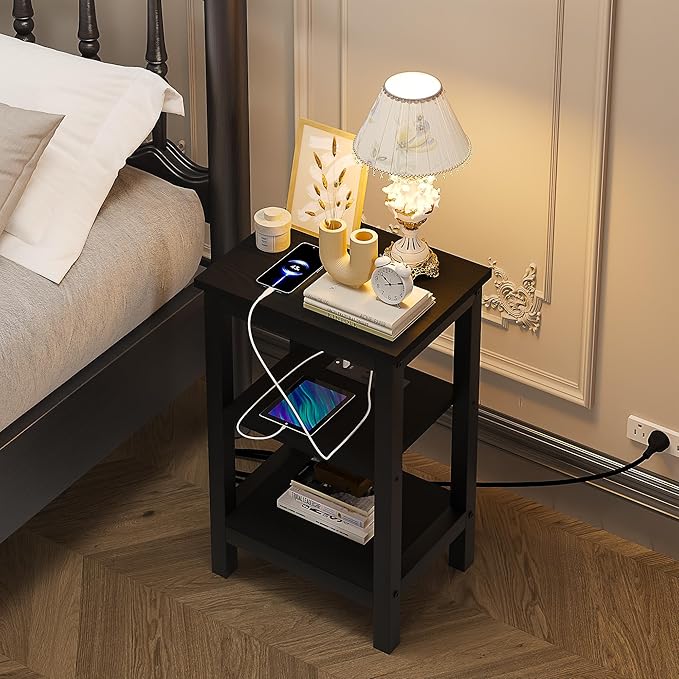 VECELO Modern Nightstands with Charging Station,Side End Table Night Stand with Storage Shelf for Small Spaces, Bedroom,Living Room