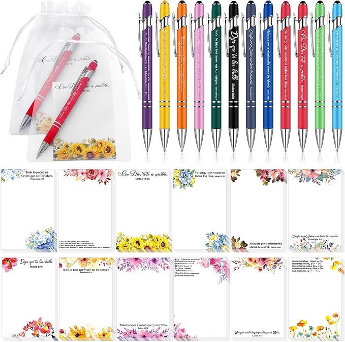 Eersida 72 Pcs Regalos Cristianos En Español Spanish Christian Note and Spanish Pen with Gift Bag Religious Message Reminder Notebook for Religious Preacher Church Nurse Teachers