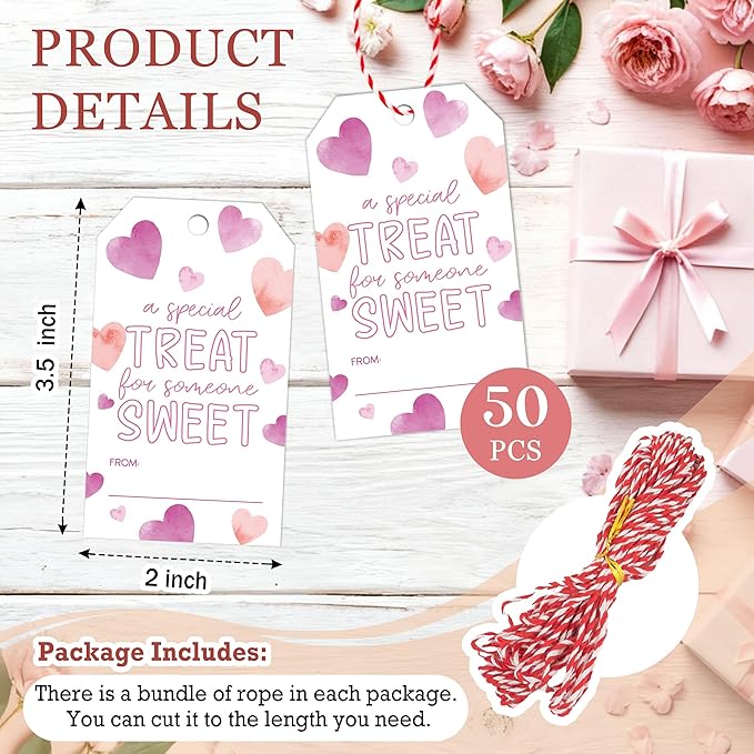 50Pcs Valentines Day Gift Sticker Tags - Happy Valentine's Day Tags with String, A Special Treat for Someone Sweet Label for Gift Wrapping, Valentine's Day Decoration