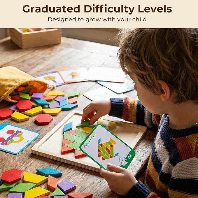 LovesTown 209 PCS Shapes Wooden Pattern Blocks for Kids, Geometric with Activity Cards and Storage Bag, Educational Tangram Puzzles,Great Learning Gift from Parents or Teachers (Pack of 2)
