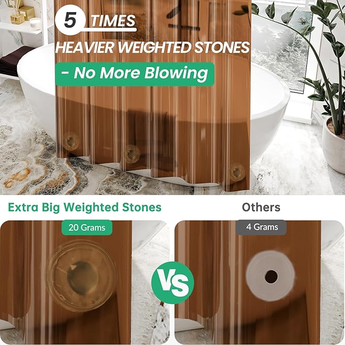 AmazerBath Premium EVA Shower Curtain Amber, Luxury Clear Brown Jelly-Like Soft Waterproof Shower Curtain with 3 Weighted Stones and 12 Grommets, Recyclable Packaging