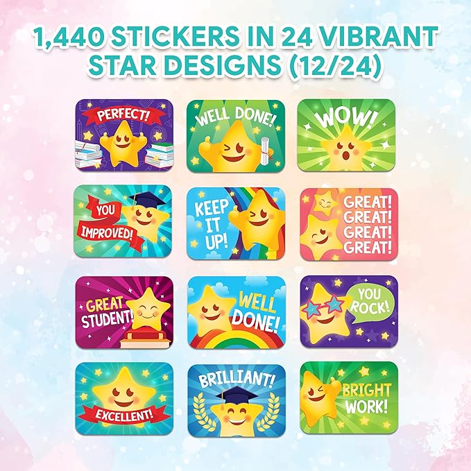 Decorably 1,440 Star Teacher Stickers for Grading for Students - 60 Sheets with 24 Adorable Designs for Classroom Activities, Reward Chart, Positive Reinforcement, Arts & Crafts, Scrapbooking, Gift