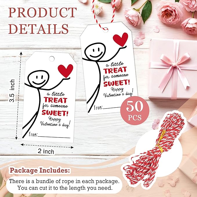 Funny Valentine Tags - 50Pcs A Little Treat Happy Valentine Tags with String, Gift Label Idea Valentines Activity Party Favors-Minimalism