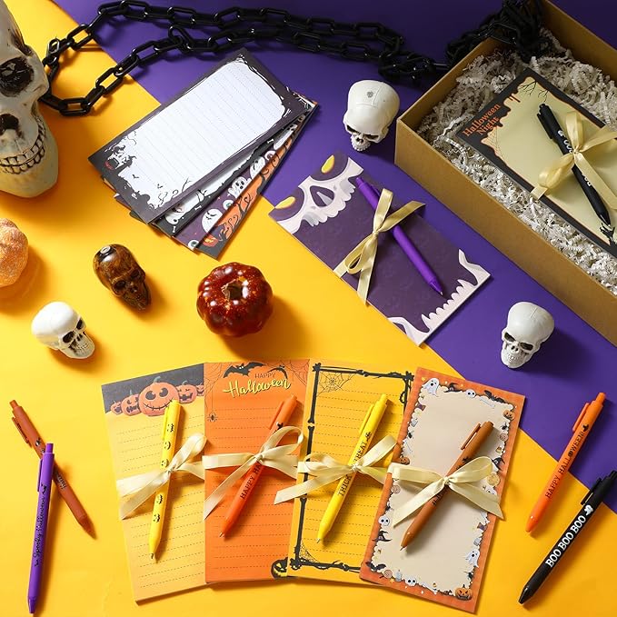 Tellingyou 30 Pcs Halloween Gifts Spooky Notepads with Pen Trick or Treat Sticky Notes Bat Witch Pumpkin Memo Pads Bulk to Do List for Halloween Trick or Treat Goodie Bag Filler Office Supplies
