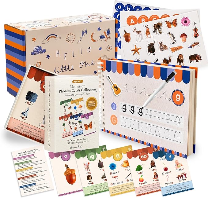 Montessori Phonics Set 20 Stages All-in-One Reusable Write & Wipe Activity Book with 73 Phonics Flash Cards Calm Early Learning Kit for Kids Ages 3–6